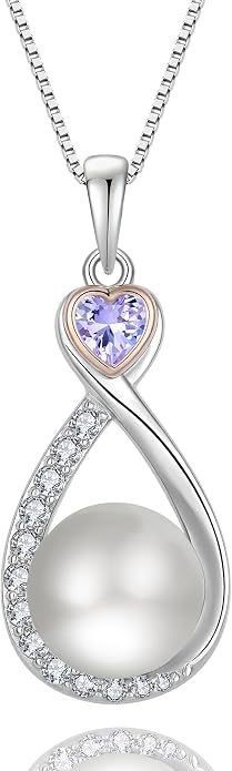 Heart Birthstone Pearl Pendant Necklace, 925 Sterling Silver Infinity Necklace with 10mm Freshwater Cultured Pearl & 4mm Gemstone Jewelry for Women