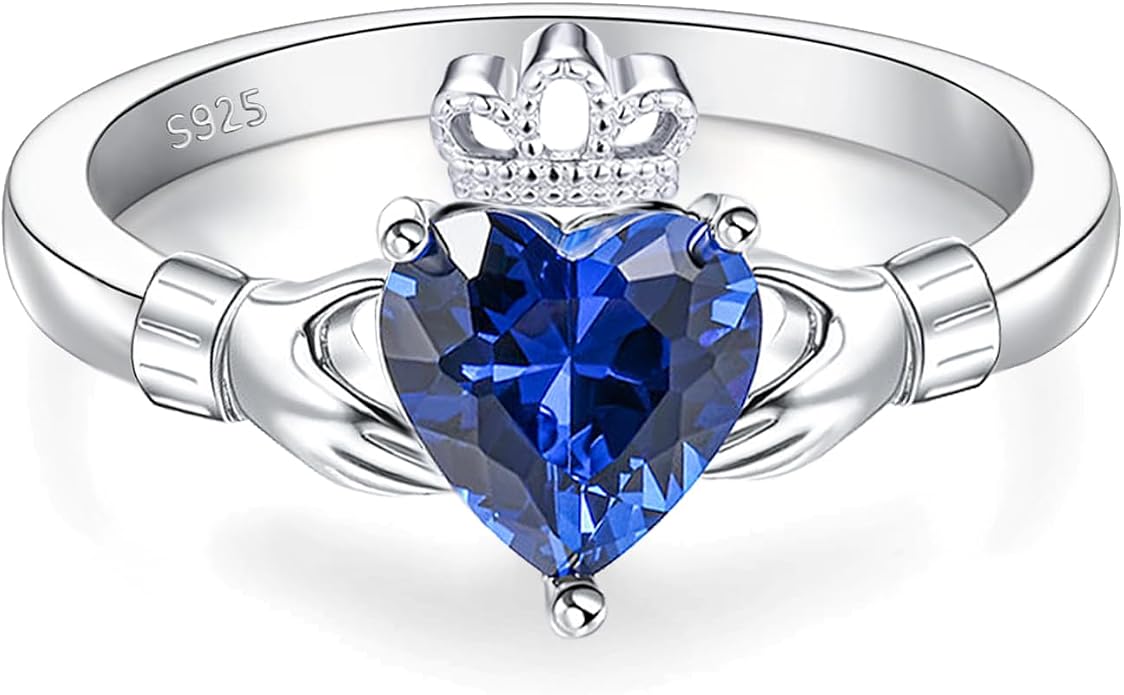 Claddagh Rings for Women 925 Sterling Silver Irish Birthstone Statement Ring Jewelry for Wife