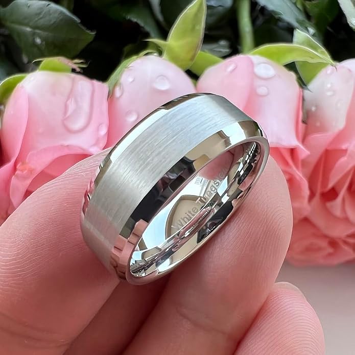 TUTISS 6mm 8mm White Tungsten Rings for Men Women Couple Fashion Jewelry Engagement Wedding Bands Matte Finish Beveled Edges Comfort Fit