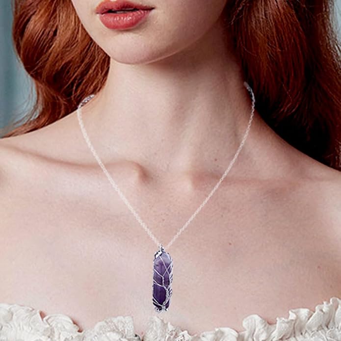 Healing Crystal Stone Necklace Silver Tree Of Life Wire Wrapped Raw Gemstone Hexagonal Prism Pointed Crystal Pendant Necklace Reiki Spiritual Quartz Gemstone Jewelry