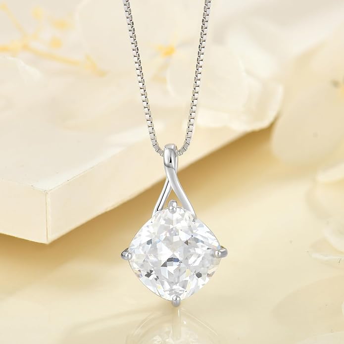 Square Cut Birthstone Necklace for Women Hypoallerg 925 Sterling Silver Cubic Zirconia Necklace Simple Jewelry for Her
