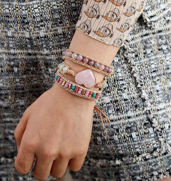Women Bead Handmade Wrap Bracelets Boho Natural Stone Crystal Leather Bracelet