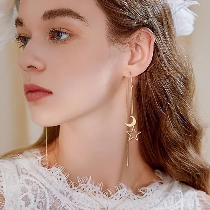 Reffeer Solid 925 Sterling Silver Moon Star Threader Dangle Earrings Chain for Women Teens Long Dangle Earrings Tassel Chain