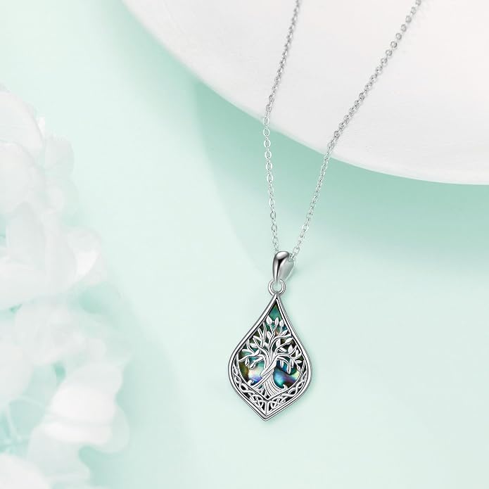 ONEFINITY Celtic Tree of Life Necklace 925 Sterling Silver Celtic Knot Abalone Shell Pendant Necklace Tree of Life Nature Jewelry Gift for Women