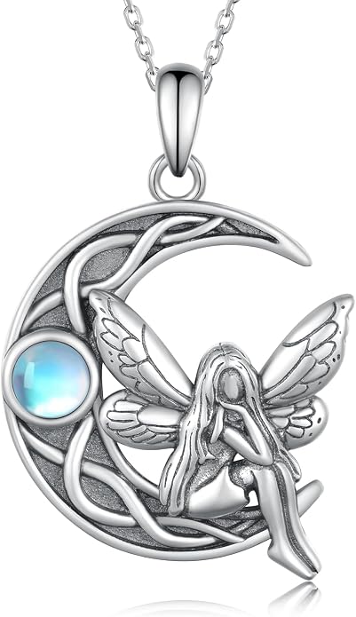 Dragon/Fairy Necklace 925 Sterling Silver Moonstone Crescent Moon Necklace Birthday Gifts for Women