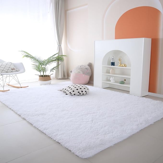 CAIYUECS White Fluffy Bedroom Rug 5x7 – Ultra Soft Shag Dorm Decor | Ultra Soft Shag Silky - Bright white fluffy rug elevates any bedroom - barefoot luxury for bedroom dorm floors