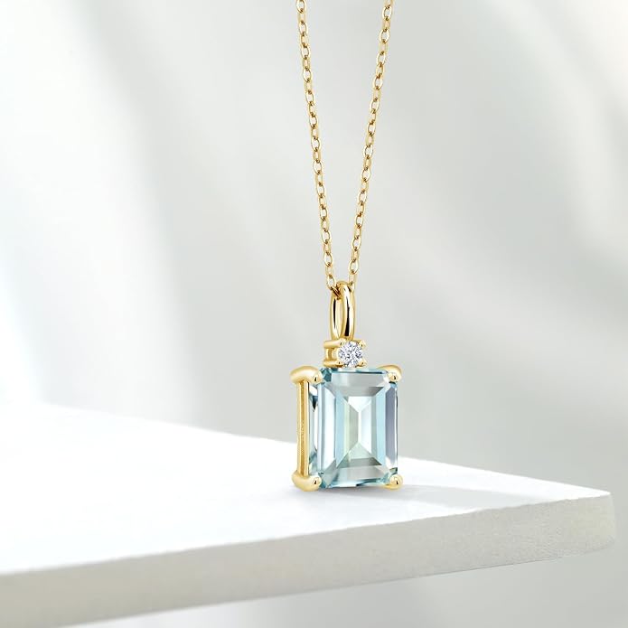 Gem Stone King 925 Sterling Silver Gemstone Birthstone Pendant Necklace for Women | Emerald Cut 10X8MM and Round 2MM | With 18 Inch Chain | Fine Jewelry for Her Mom Wife