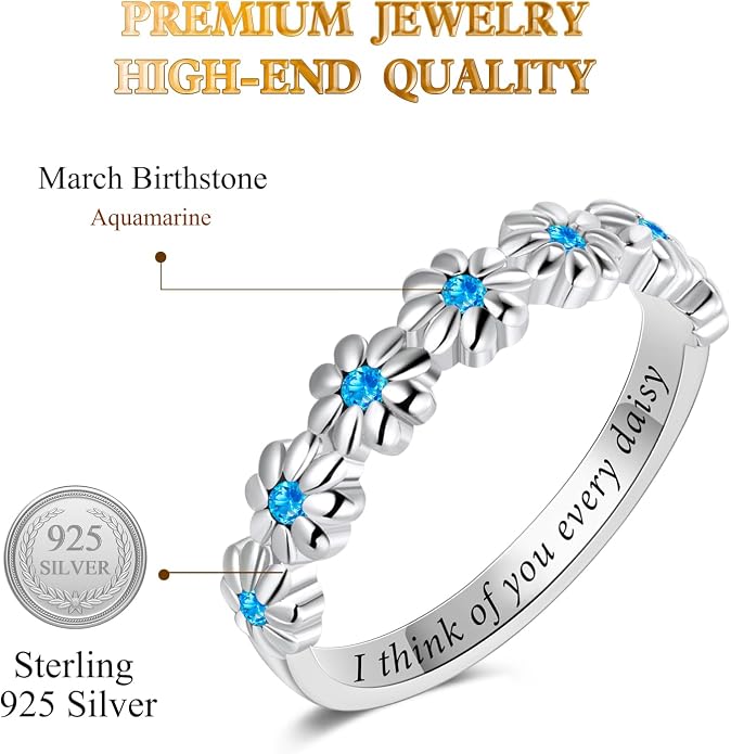 Dainty Daisy Ring for Women, S925 Sterling Silver Cubic Zirconia Sunflower Flower Ring For Daughter, I Think Of You Every Daisy Ring, Birthstone Flower Ring