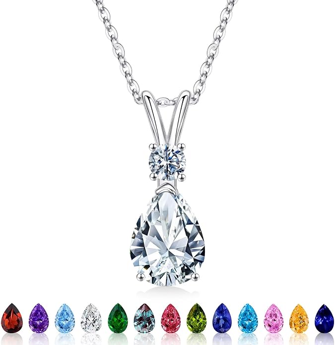 Iefil 925 Sterling Silver Birthstone Necklaces for Women - Teardrop Birthstone Jewelry, Anniversary Birthday Gifts for Women Wife Her