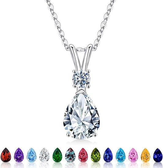Iefil 925 Sterling Silver Birthstone Necklaces for Women - Teardrop Birthstone Jewelry, Anniversary Birthday Gifts for Women Wife Her