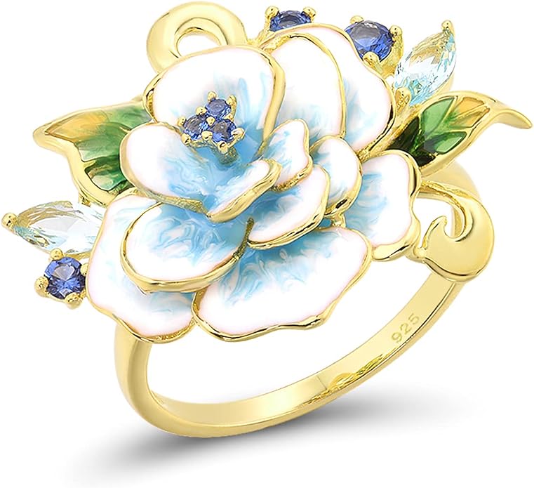 Santuzza 925 Sterling Silver Enamel Flower Statement Ring for Women