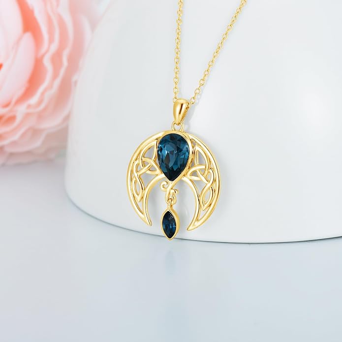 AOBOCO Sterling Silver Celtic Crescent Moon Goddess Pendant Irish Good Luck Necklace with Birthstone Crystal, Celtic Moon Jewelry Gift for Women Mom Wife