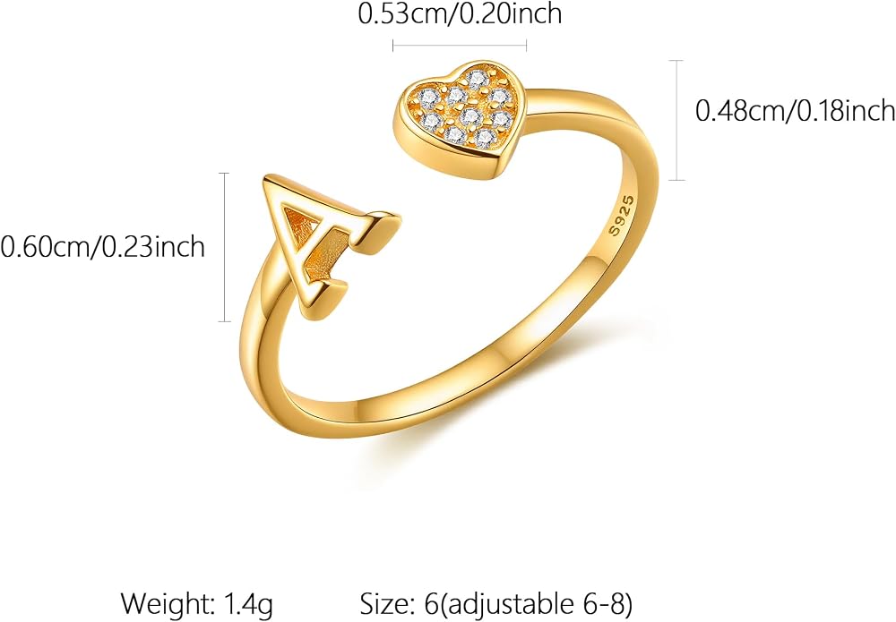 LOVECOM Initial Heart Rings for Women 925 Sterling Silver Gold Adjustable Letter Name Ring Non Tarnish Trendy Stuff Alphabet Letter CZ Stackable Ring Jewelry Gifts for Mom Daughter Sister