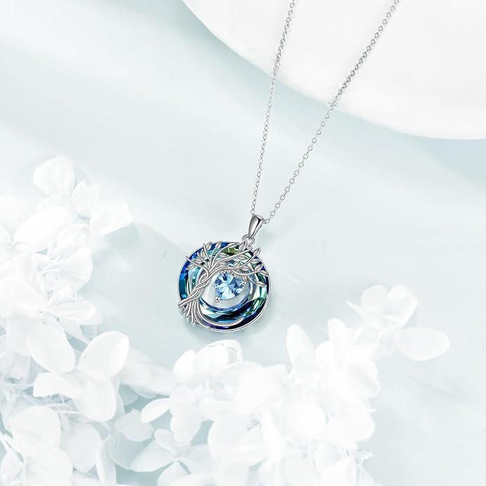 POPLYKE Mothers Day Gifts for Mom Her Wife Tree of Life Necklace 925 Sterling Silver Birthstone Pendant with Crystal Anniversary Birthday Wedding Jewelry for Women