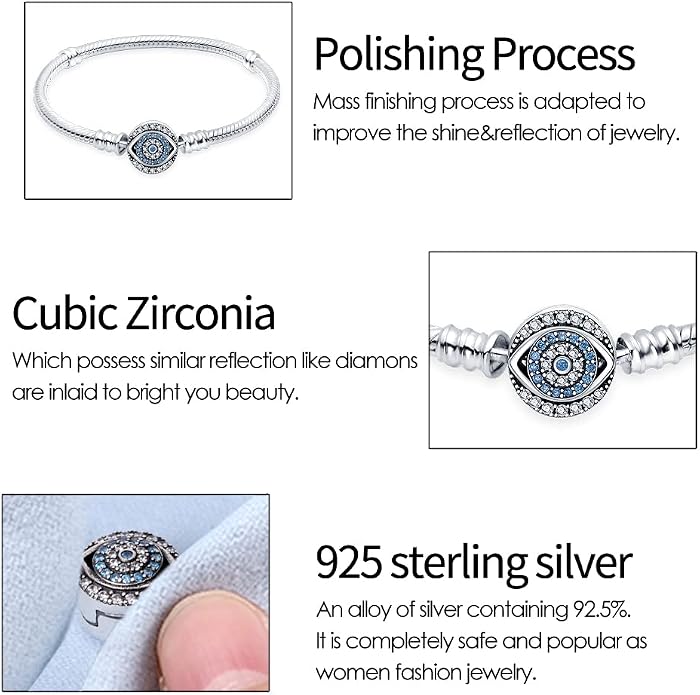 KUNSIR 925 Sterling Silver Snake Chain Bracelet Blue Evil Eyes with 5A Cubic Zirconia Bracelets for Women Teen