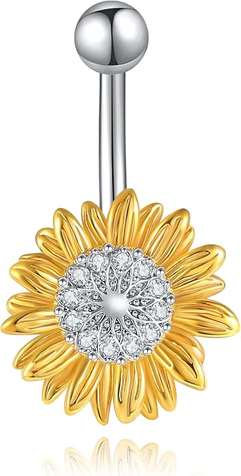 Sunflower Daisy Belly Button Ring Dangle Hoop 925 Sterling Silver Hypoallergenic Belly Button Piercing Body Navel Rings Sexy Belly Button Jewelry Gifts for Women (14G)