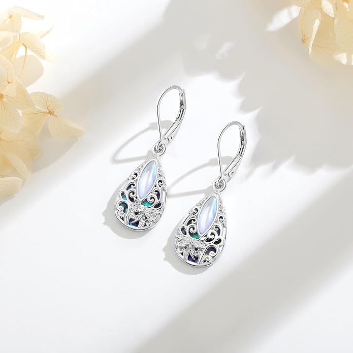 Vito 925 Sterling Silver Teardrop Earrings for Women, Moonstone Turquoise Drop Dangle Earrings Cat Snake Turtle Tree of Life Leverback Earrings Boho Jewelry Gift for Mom Wife