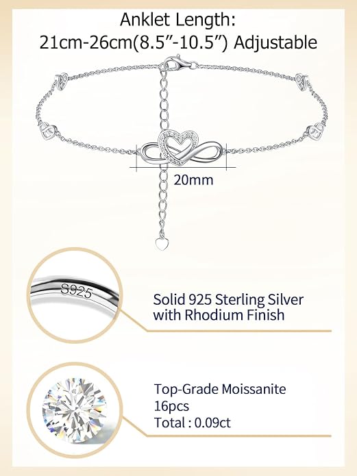 Moissanite Infinity Anklet for Women, Real Authentic 925 Sterling Silver Hypoallergenic, Beautiful Summer Jewelry, Dainty Ankle Bracelet, 8.6-10.6inch (21-26cm) Adjustable