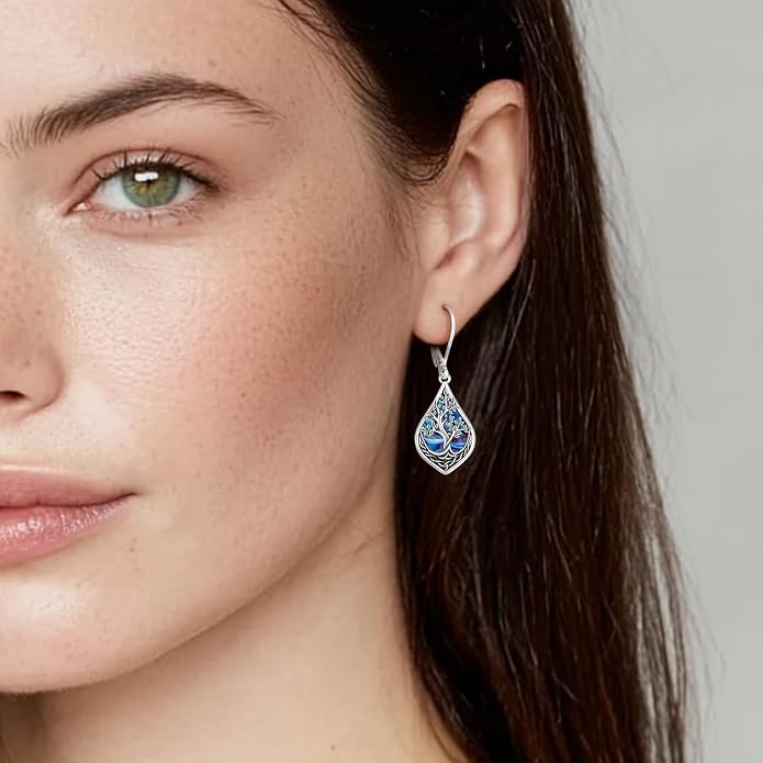 Eusense Sterling Silver Dangle Earrings for Women Tree of Life Animals Moonstone Turquoise Leverback Earrings Jewelry Gifts