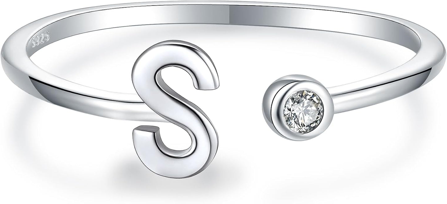 925 Sterling Silver Initial Letter Birthstone Rings for Women Adjustable 1-12 Month Birthstone Alphabet Stacking Ring for Teens Girls Stackable Birthstone Rings Birthday Jewelry Gift for Daughter Mom