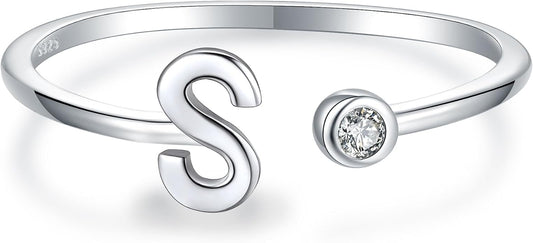 925 Sterling Silver Initial Letter Birthstone Rings for Women Adjustable 1-12 Month Birthstone Alphabet Stacking Ring for Teens Girls Stackable Birthstone Rings Birthday Jewelry Gift for Daughter Mom