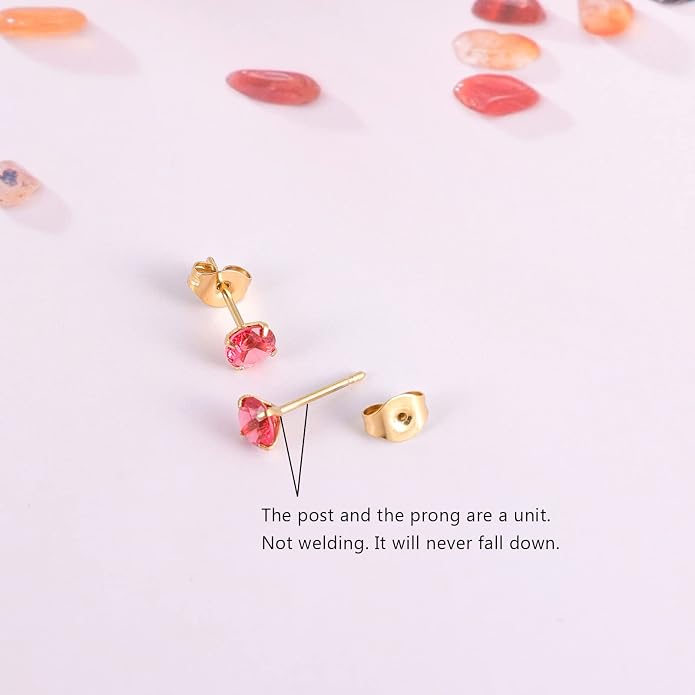 12 Pairs 18K Gold Plated Surgical Stainless Steel Stud Earrings, Star Heart Square Stud Earring for Women, Cubic Zirconia Birthstone Stud Earrings Set