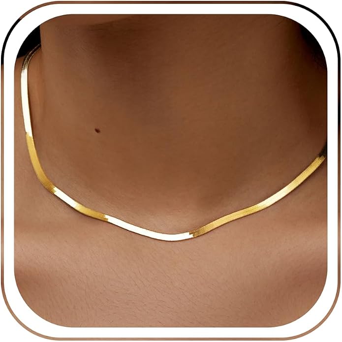 WomenGifts 14K Gold Silver Plated Herringbone Necklace for Women, Dainty Snake Chain Choker, Trendy Simple Long Layered Jewelry Non Tarnish, 3/4/5/8mm,14,16,18,20,22,24,26 Inch Thin & Chunky Options