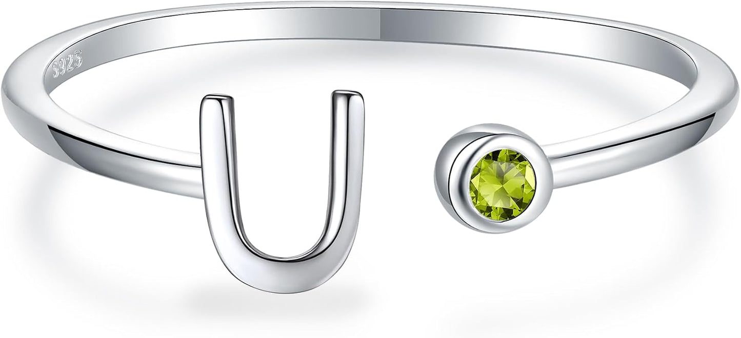 925 Sterling Silver Initial Letter Birthstone Rings for Women Adjustable 1-12 Month Birthstone Alphabet Stacking Ring for Teens Girls Stackable Birthstone Rings Birthday Jewelry Gift for Daughter Mom