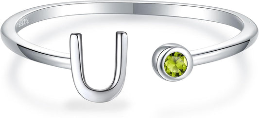 925 Sterling Silver Initial Letter Birthstone Rings for Women Adjustable 1-12 Month Birthstone Alphabet Stacking Ring for Teens Girls Stackable Birthstone Rings Birthday Jewelry Gift for Daughter Mom