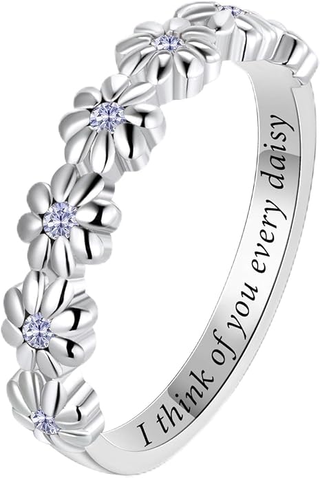 Dainty Daisy Ring for Women, S925 Sterling Silver Cubic Zirconia Sunflower Flower Ring For Daughter, I Think Of You Every Daisy Ring, Birthstone Flower Ring