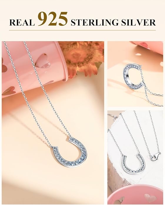 Luck Horseshoe Necklace 14K Gold Plated/Sterling Silver Created Gemstone Pendant with Chain Channel Set U Shaped Charm Necklace Birthstone Jewelry