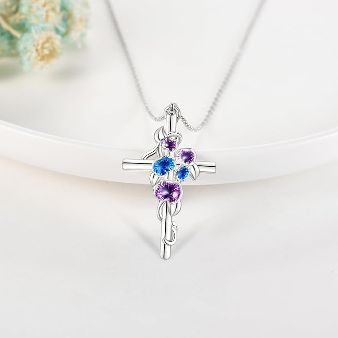 Flower Cross Necklace 925 Sterling Silver Carnation/Rose/Lily/Daisy Cross Necklace Birth Flower Jewelry for Women