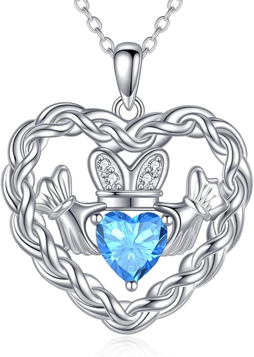 Birthstone Claddagh Heart Necklace 925 Sterling Silver Heart Celtic Knot Claddagh Necklace Pendant Irish Jewelry Gifts for Women Mom Wife Sister Christmas Birthday,18+2 inch