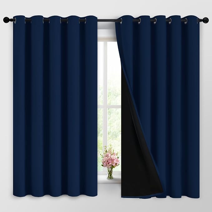 Yakamok Navy Blue 100% Blackout Curtains 63 Inches Long 62" Wide, 2 Panels | Blackout Curtain Panels for Bedroom, 2 Thick Layers Grommet Top Thermal Insulated Drapes with Black Liner for Living Room