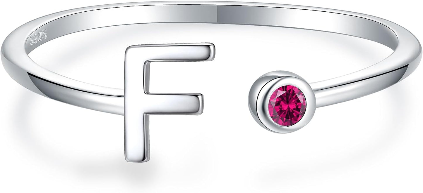 925 Sterling Silver Initial Letter Birthstone Rings for Women Adjustable 1-12 Month Birthstone Alphabet Stacking Ring for Teens Girls Stackable Birthstone Rings Birthday Jewelry Gift for Daughter Mom