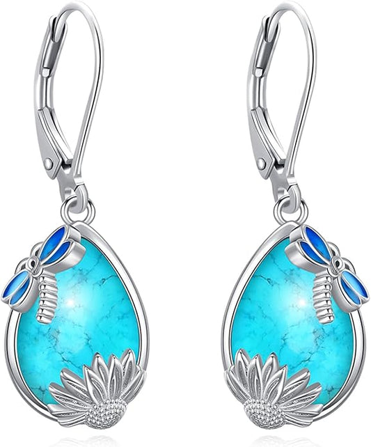 Eusense Sterling Silver Dangle Earrings for Women Tree of Life Animals Moonstone Turquoise Leverback Earrings Jewelry Gifts