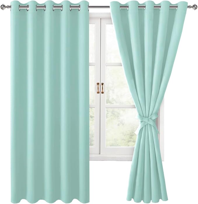 Hiasan Blackout Curtains for Bedroom, 60 x 63 Inches Length - Thermal Insulated & Energy Saving Window Curtains for Living Room, 2 Drape Panels Sewn with Tiebacks, Aqua