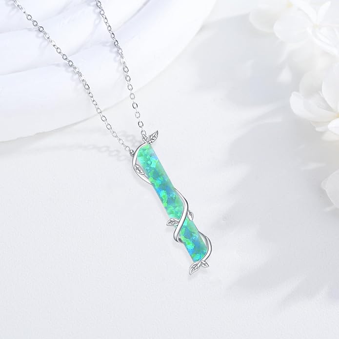 Bar Opal Leaf Necklace For Women S925 Sterling Silver White Opal Pendant with Leaf Charm Bar Pendant Jewelry Gift For Mom Daughter Wife