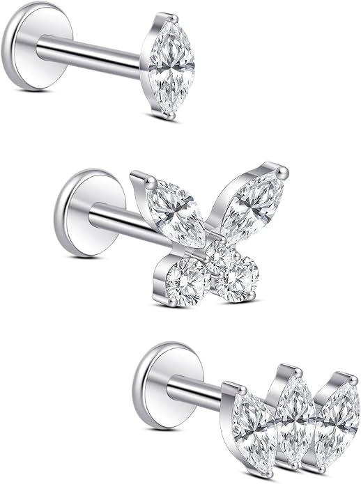 limerencia Titanium Internally Threaded Flat Back Earrings, 3 Pcs Implant Grade Hypoallergenic Studs, 18G Tragus Helix Conch Cartilage Piercing Jewelry for Sensitive Ears Women Men, Gold/Silver