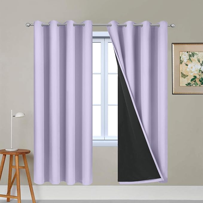 Yakamok Lilac 100% Blackout Curtains 72 Inches Long for Bedroom 52" Wide | Blackout Curtain Panels for Bedroom, 2 Thick Layers Grommet Top Thermal Insulated Drapes with Black Liner for Living Room