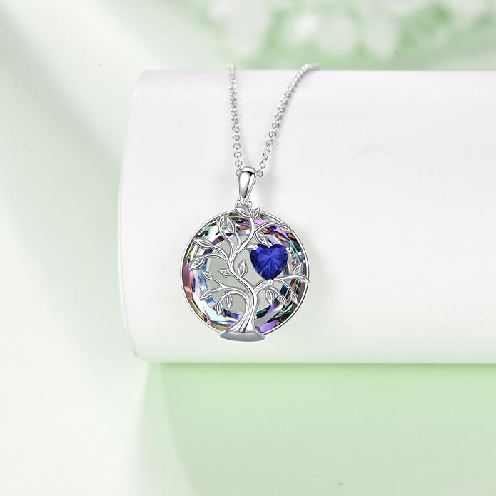 Tree Of Life Birthstone Necklace 925 Sterling Silver Crystal Family Tree Pendant Necklaces Heart Birthstone Jewelry For Women Female Anniversary Birthday Gifts