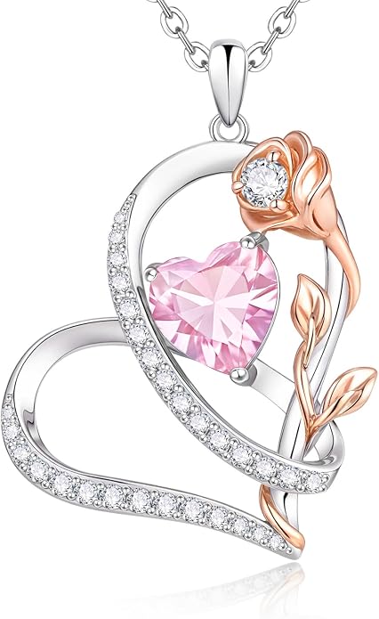 Rose Heart Birthstone Necklace for Women - Dainty 925 Sterling Silver Necklaces for Women Trendy CZ Pendant Necklace Jewelry Birthday Anniversary Christmas Gifts for Girlfriend Mom Lady Daughter