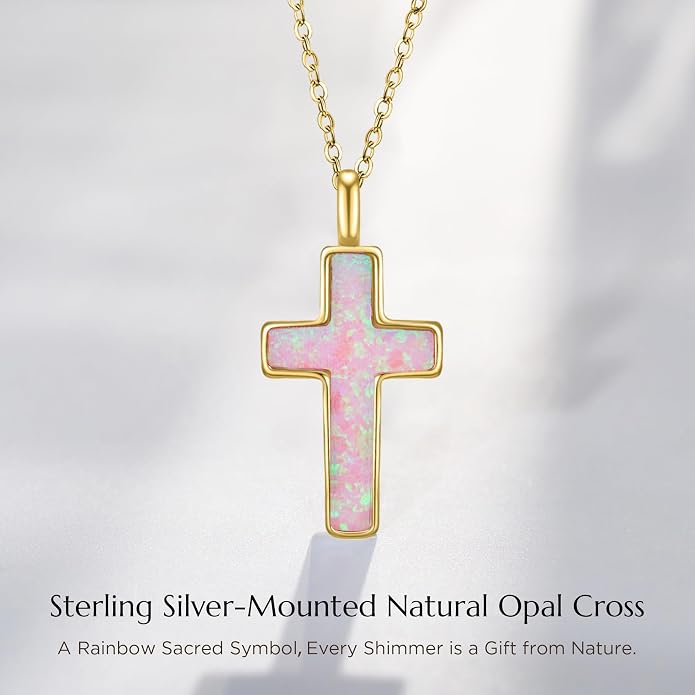 NORBU S925 Opal Cross Necklace for Women, Sterling Silver Opal Gemstone Womens Cross Necklaces, Cross Pendant with 5A Cubic Zirconia, Women's October Birthstone Jewelry Gifts for Birthday, Anniversary, Christmas