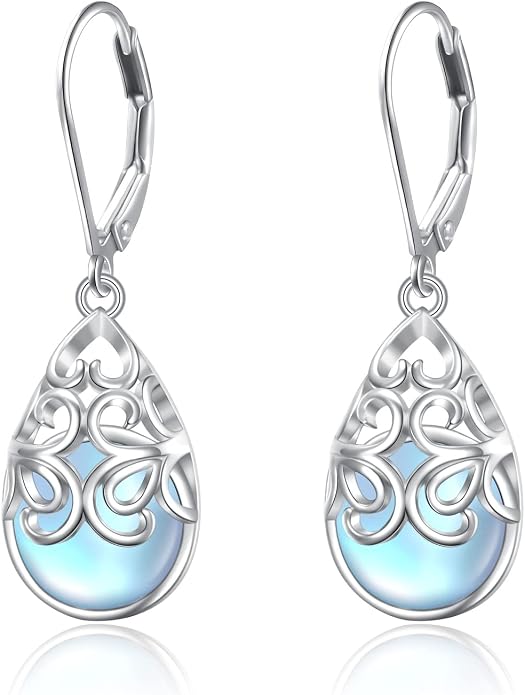 925 Sterling Silver Filigree Dangle Drop Earrings Daisy/Lotus/Rose Flower/Moonstone Leverback Teardrop Earrings for Women Infinity Celtic Knot Daisy Lotus Jewelry for Mothers Day