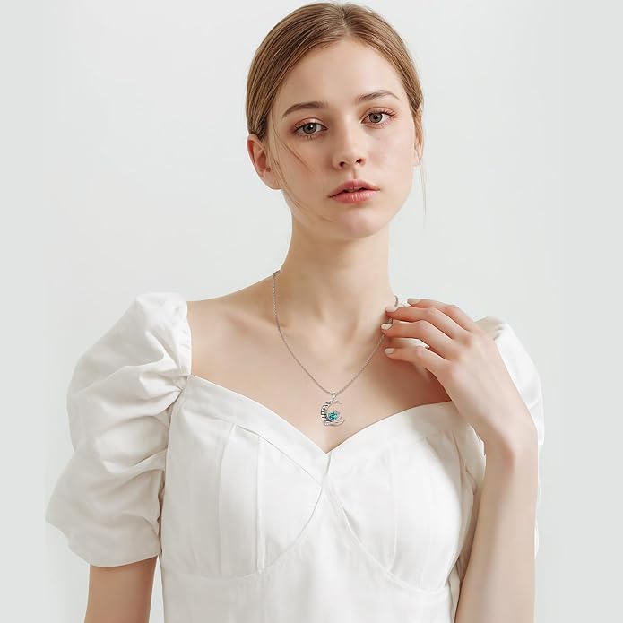 Distance I Love You to The Moon and Back Necklace for Women, S925 Sterling Silver Forever Love Heart Birthstone Necklace, Anniversary Birthday Jewelry for Wife Lover