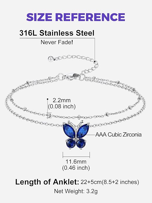 Richsteel Double Layer Heart/Butterfly Birthstone Anklet for Women Non Tarnish Waterproof, Silver/Gold/Black Stainless Steel 8.5-10.5 Inch Adjustable Chain Anklets Jewelry Gifts for Her