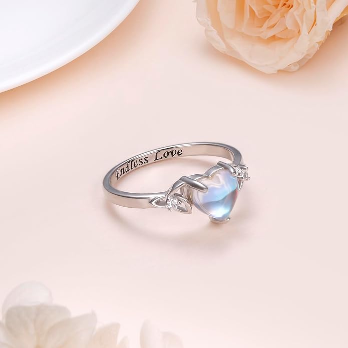 DAOCHONG Celtic Knot Ring For Women Heart Trinity Rings 925 Sterling Silver Infinity Moonstone Vintage Engagement Celtic Jewelry High Polish Tarnish Resistant Eternity Wedding Band Stackable Ring