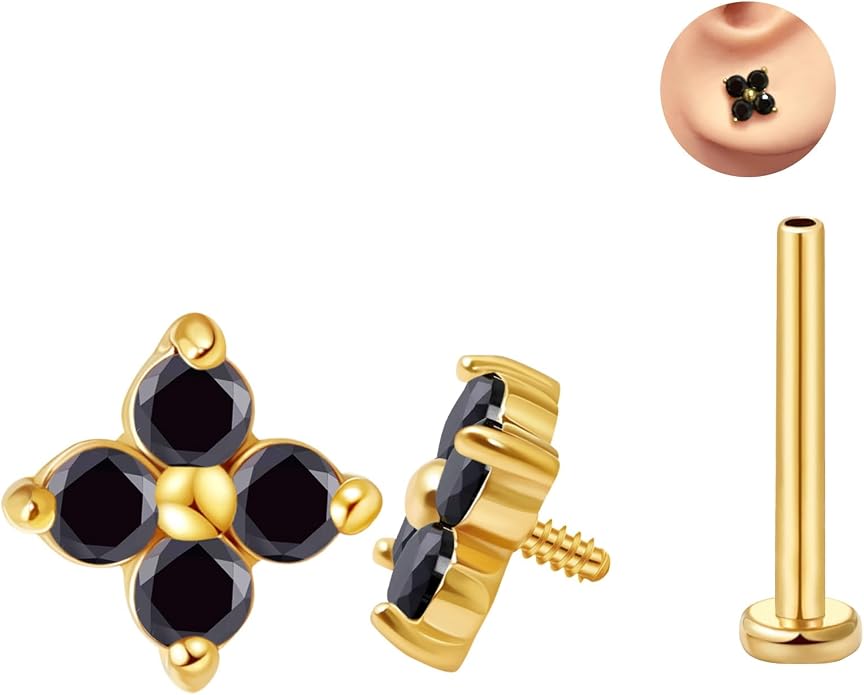 FANSING CZ Flower Internally Threaded Flat Back Earring Labret Stud for Cartilage Tragus Helix Conch