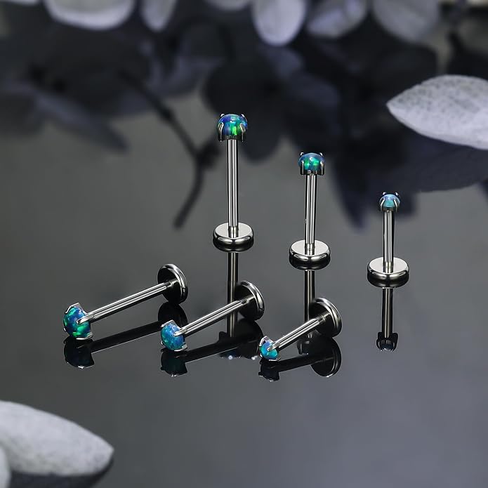 Ruifan Titanium Flat Back Lip Rings Externally Threaded Earrings Studs Nose Rings 20G 18G 16G Round Opal Tragus Cartilage Lobe Rook Helix Conch Labret Medusa Piercing Jewelry for Women Men