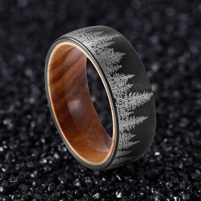 Forest Rings for Men 8 mm Black Plated Wedding Band with Wood Liner Comfort Fit